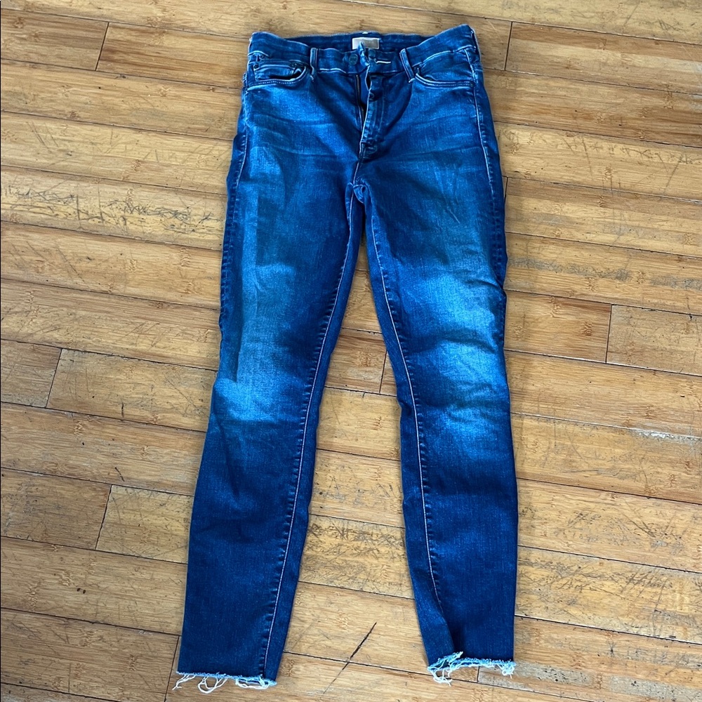 MOTHER Dark Blue Skinny Jeans with Raw Hem
